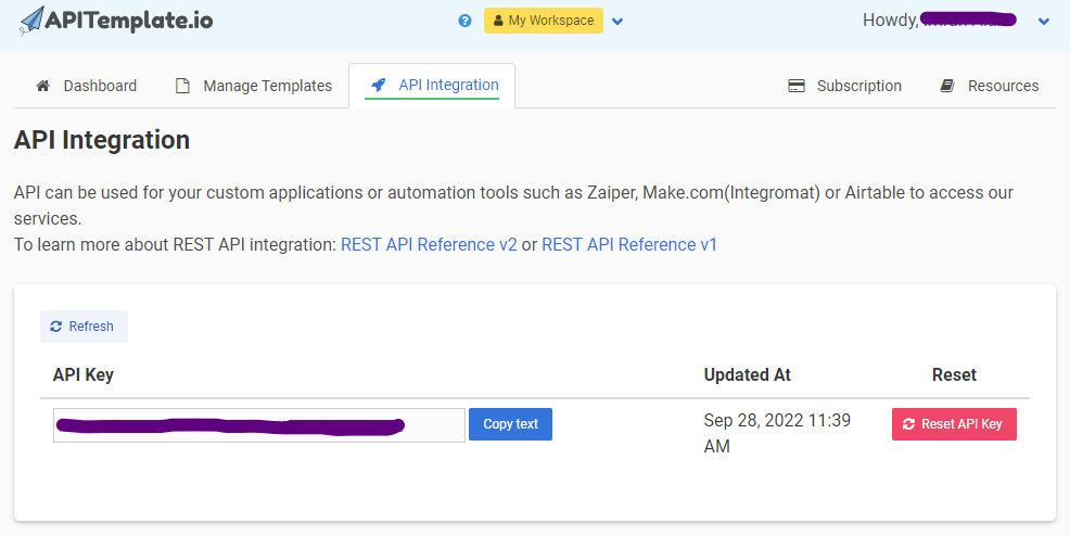 Copy your API key from the API Integration tab