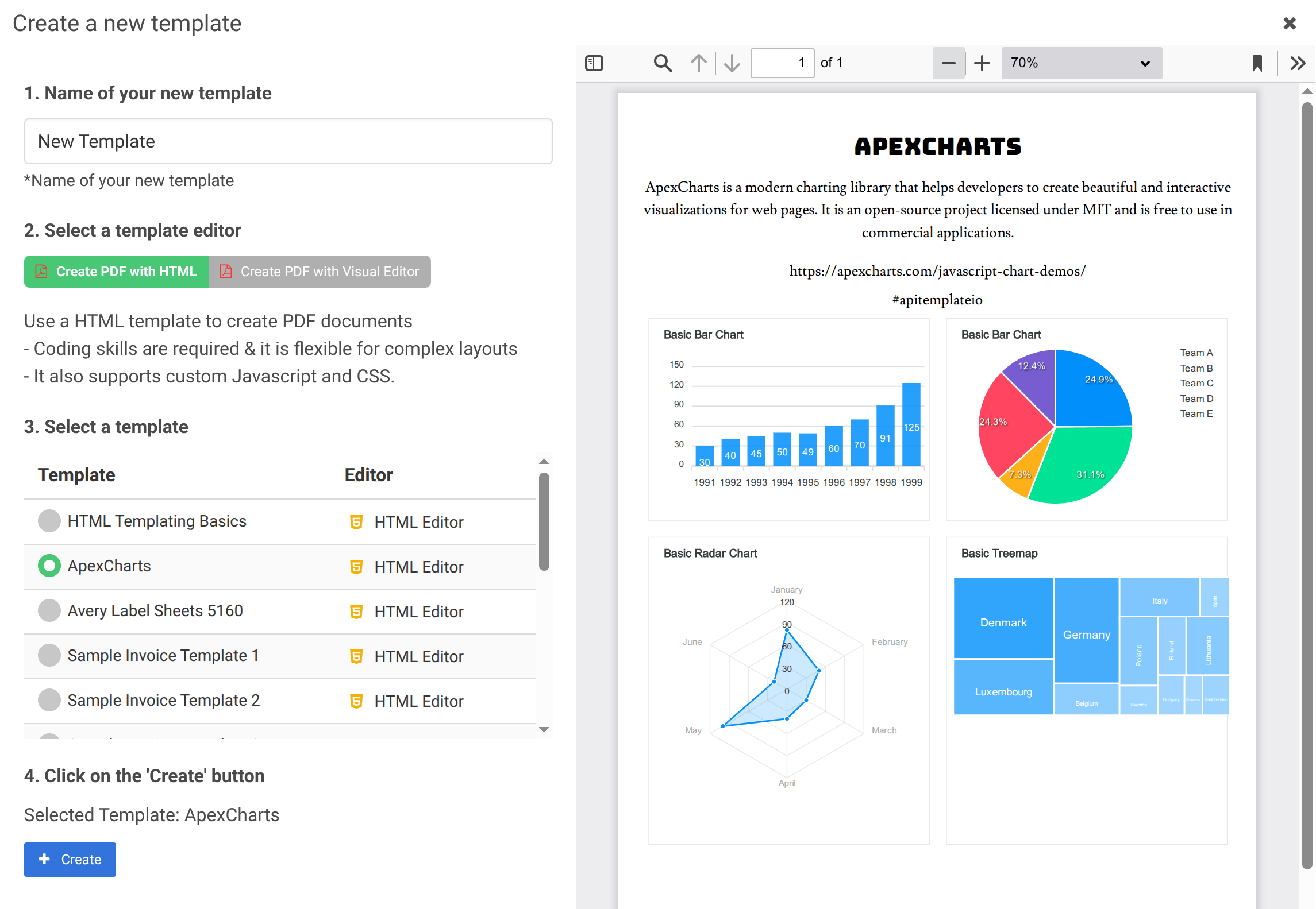 Create a new PDF template — choose between the HTML Editor and Visual Editor, then pick a starter template