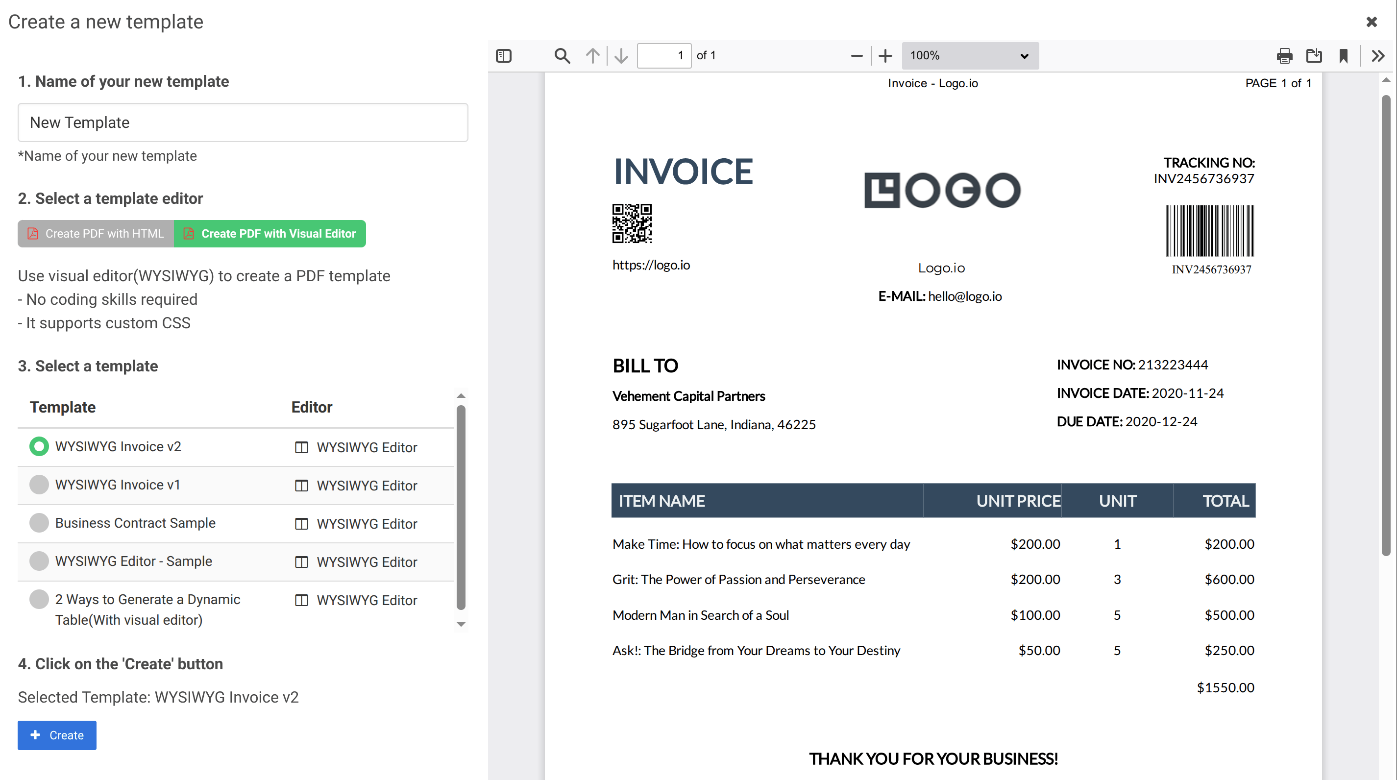 Create a new PDF template — choose between the HTML Editor and Visual Editor, then pick a starter template
