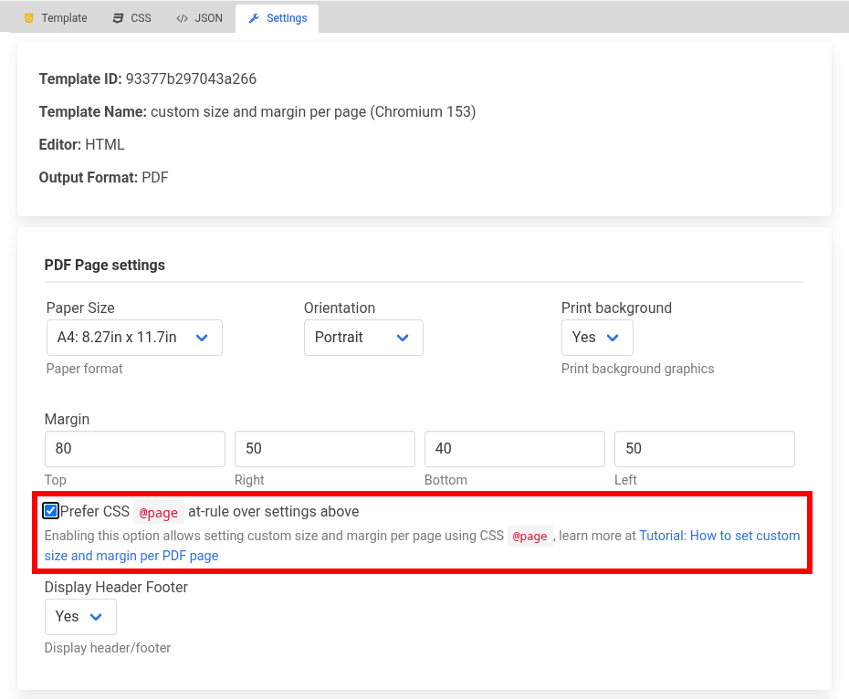 Tick Prefer CSS @page at-rule over settings above