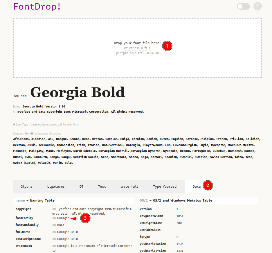 Using fontdrop.info to find the font-family name