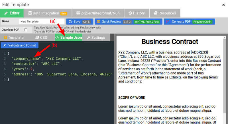 JSON data for the PDF template