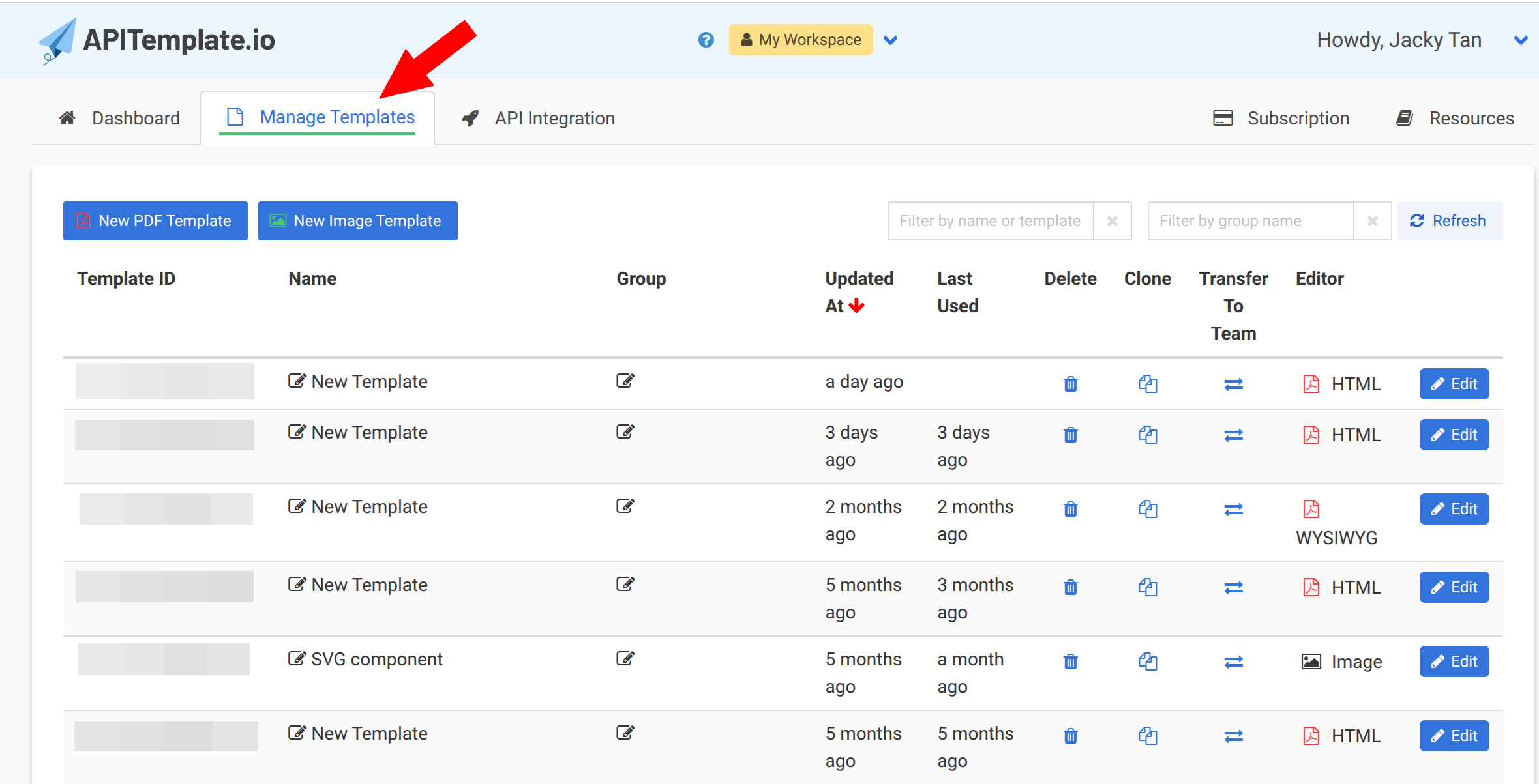 Managing templates in APITemplate.io