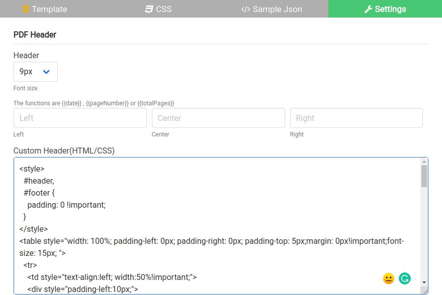 The Settings tab with Custom Header and Custom Footer fields