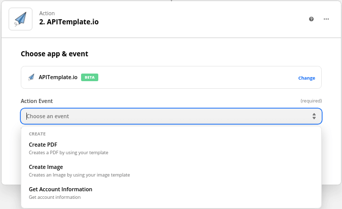 Zapier — select APITemplate.io Create PDF action