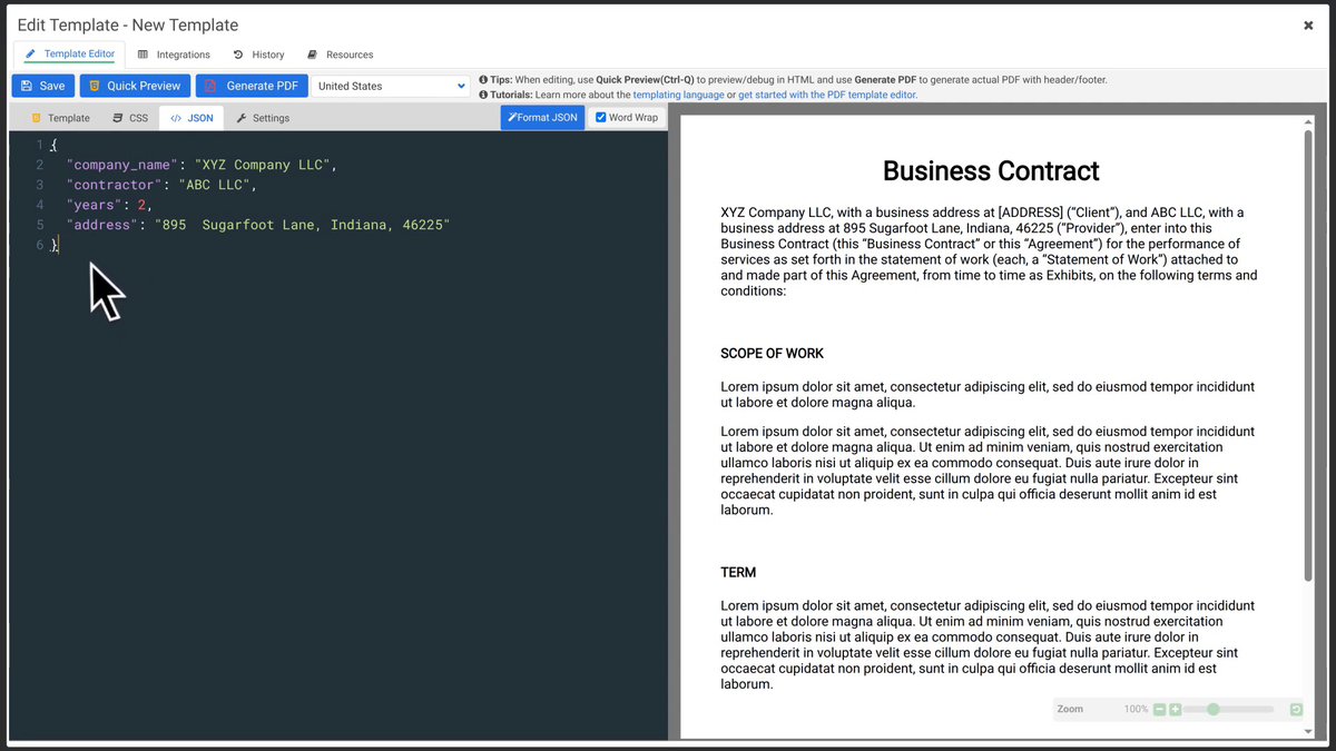 JSON data for the PDF template