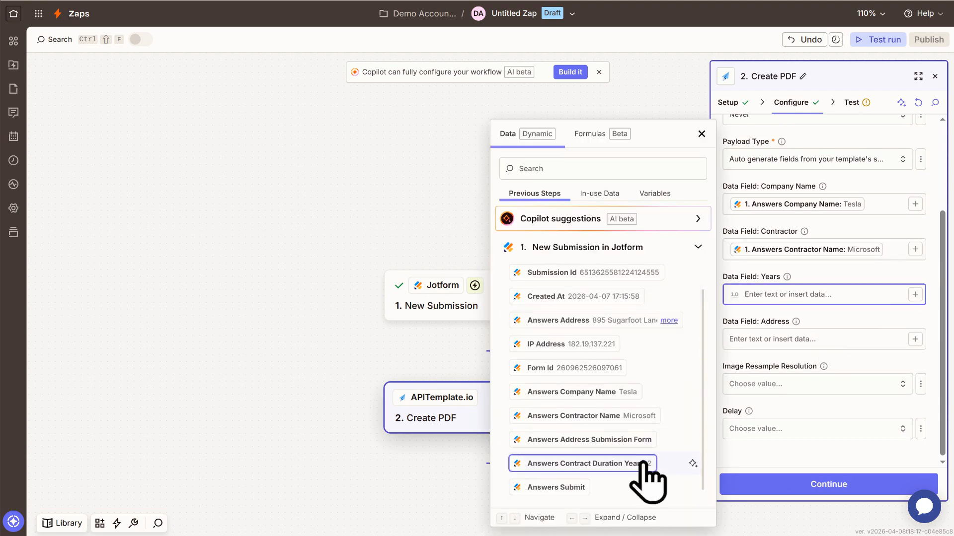 Zapier: Configure PDF action and map data