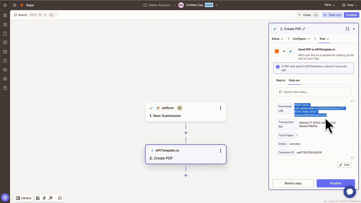 Zapier:  test the PDF generation action