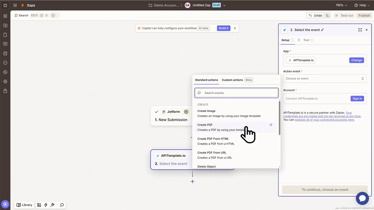 Zapier:  select APITemplate.io Create PDF action
