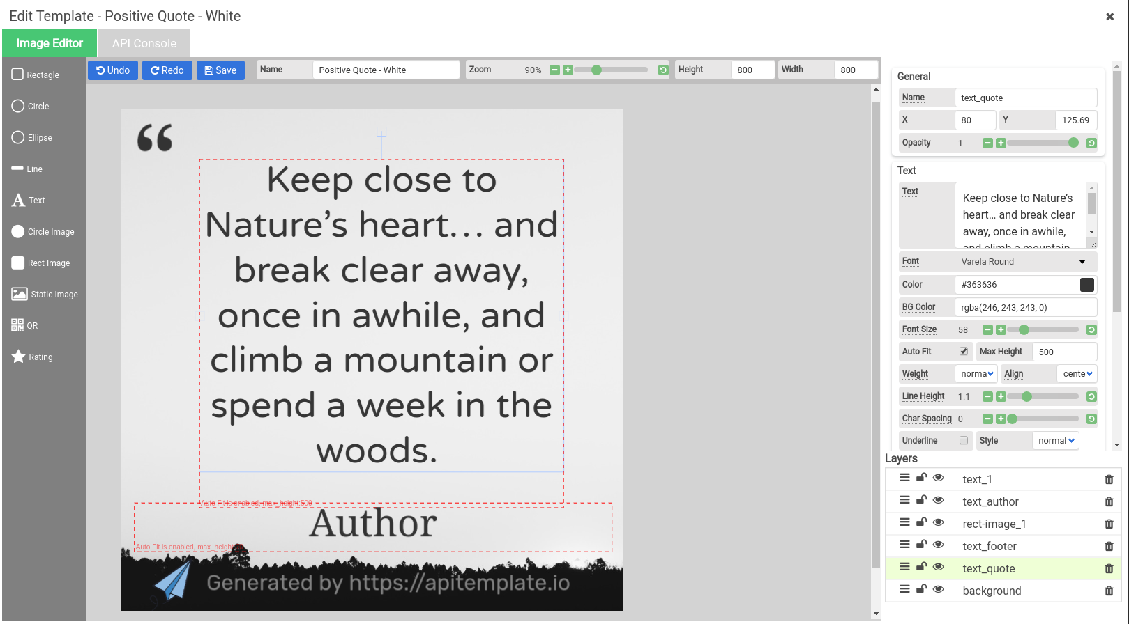 Editing a quote template and renaming its visual elements in the APITemplate.io editor