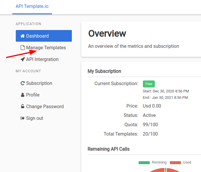 The Manage Templates item in the APITemplate.io dashboard menu