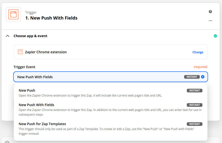 Choosing the New Push With Fields trigger event in Zapier