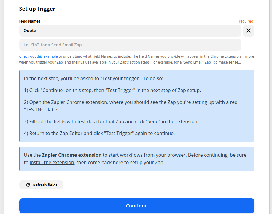 Configuring the Push trigger fields in Zapier