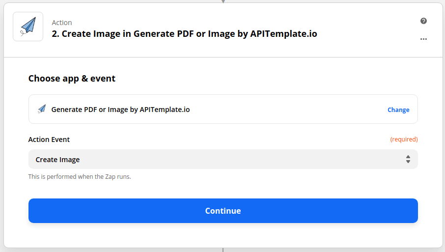 Selecting the APITemplate.io Create Image action in Zapier