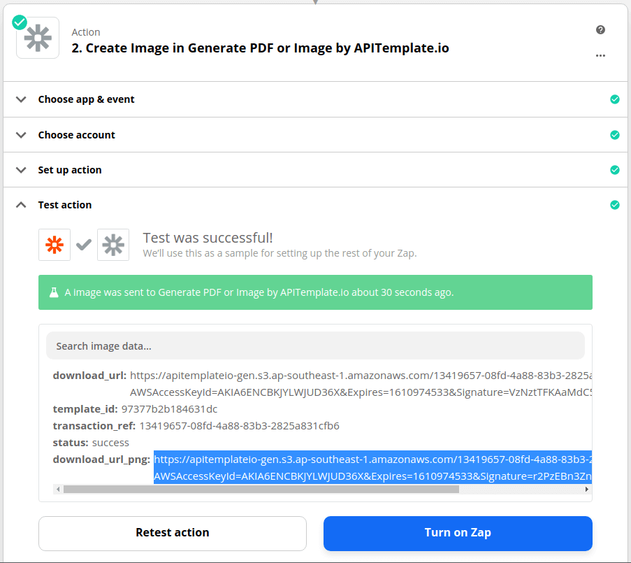 Testing the APITemplate.io action in Zapier and reviewing the generated image