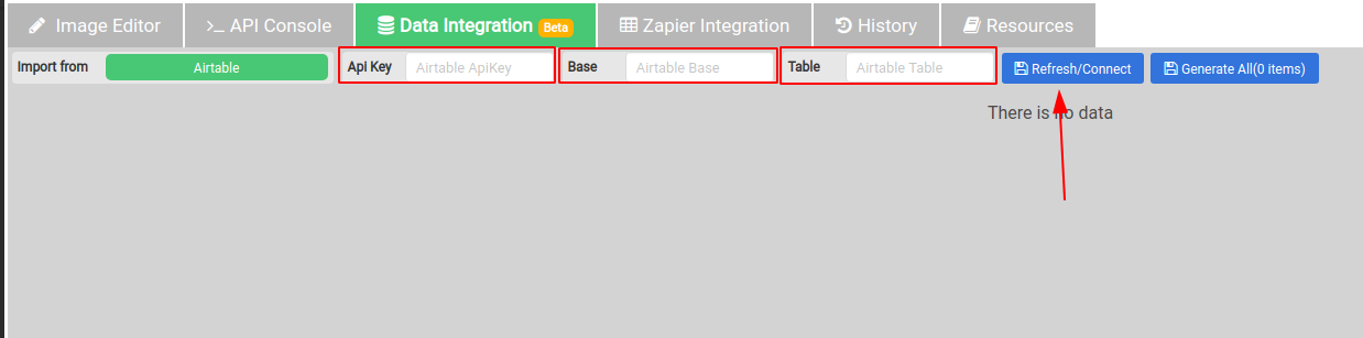 The Data Integration tab where Airtable credentials were entered