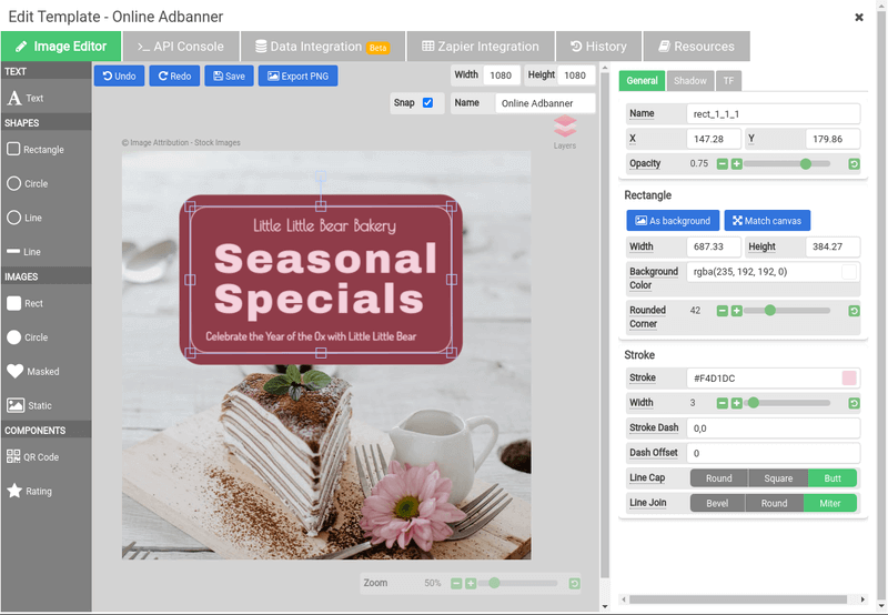The APITemplate.io Image Editor with a bakery’s Seasonal Specials banner open and its rounded text panel selected