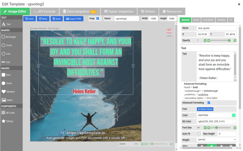 The APITemplate.io Image Editor with a Helen Keller quote overlaid on a mountain lake photo and its text_quote element selected