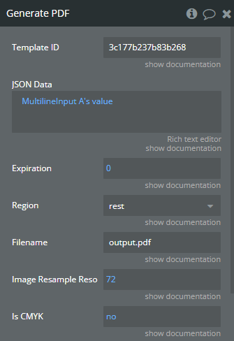 Bubble generate PDF action settings