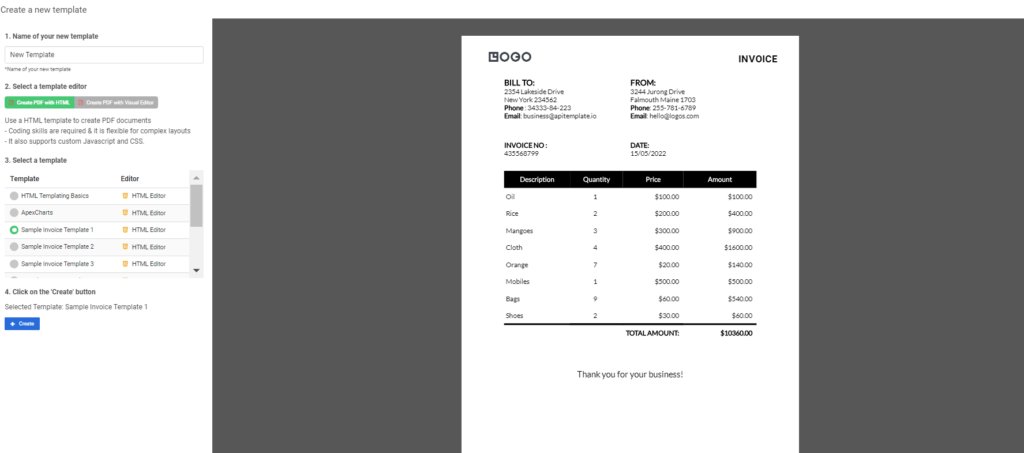 APITemplate dashboard showing account overview and usage