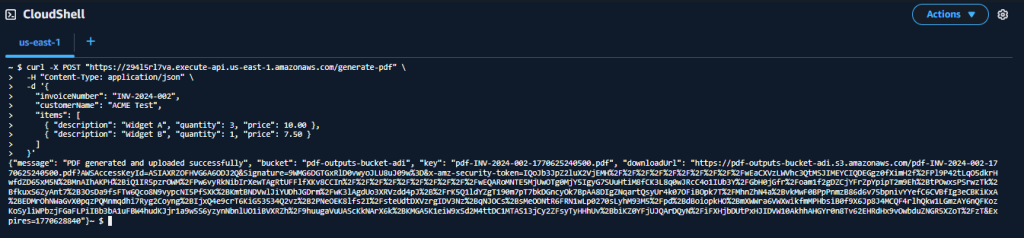 The terminal displays the curl POST request and the JSON response containing the success message, bucket, key, and pre-signed downloadUrl.