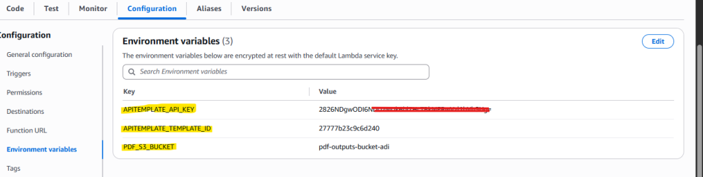 The Lambda Environment variables panel shows APITEMPLATE_API_KEY (value blurred), APITEMPLATE_TEMPLATE_ID, and PDF_S3_BUCKET configured.