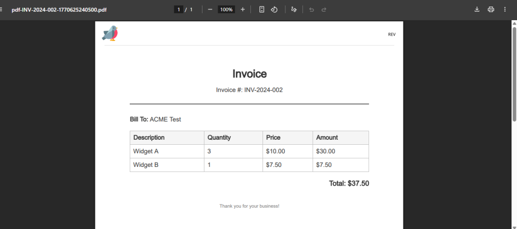 The browser shows the rendered PDF invoice with the styled header, customer details, items table, and total.