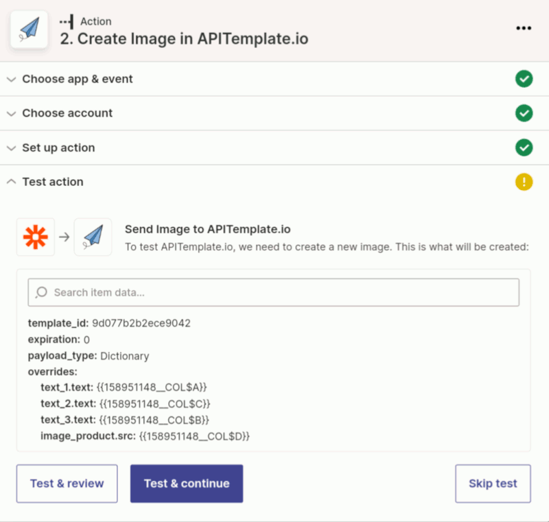 Testing action of APITemplate.io in Zapier as text to image generator API