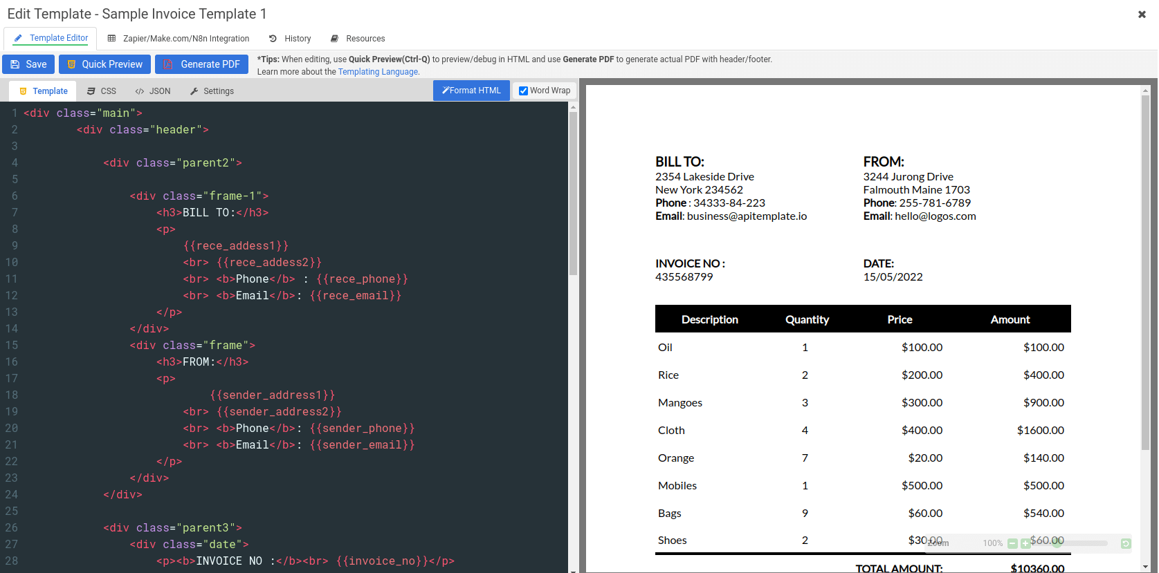 How to create PDF invoices from HTML - APITemplate.io