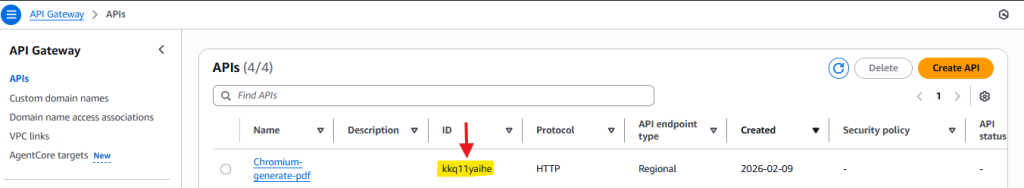 Generated API, with highlighted API ID