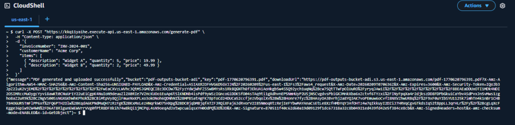 The terminal shows the curl POST request and the JSON response containing the message, bucket name, key, and pre-signed downloadUrl.