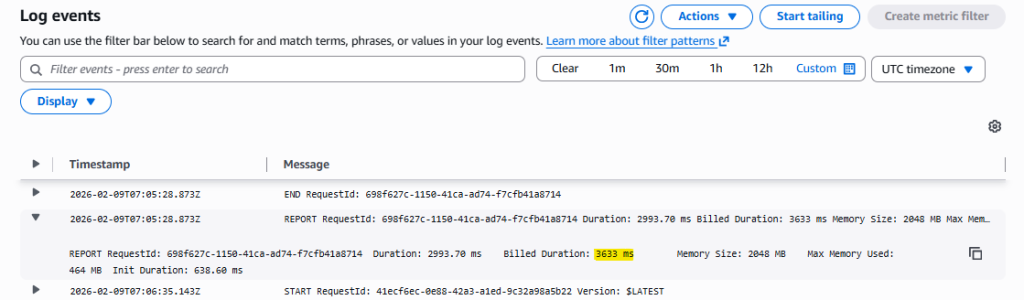 CloudWatch Logs show the INIT_START and INIT_REPORT entries with initialization duration in milliseconds, highlighting the cold start overhead.
