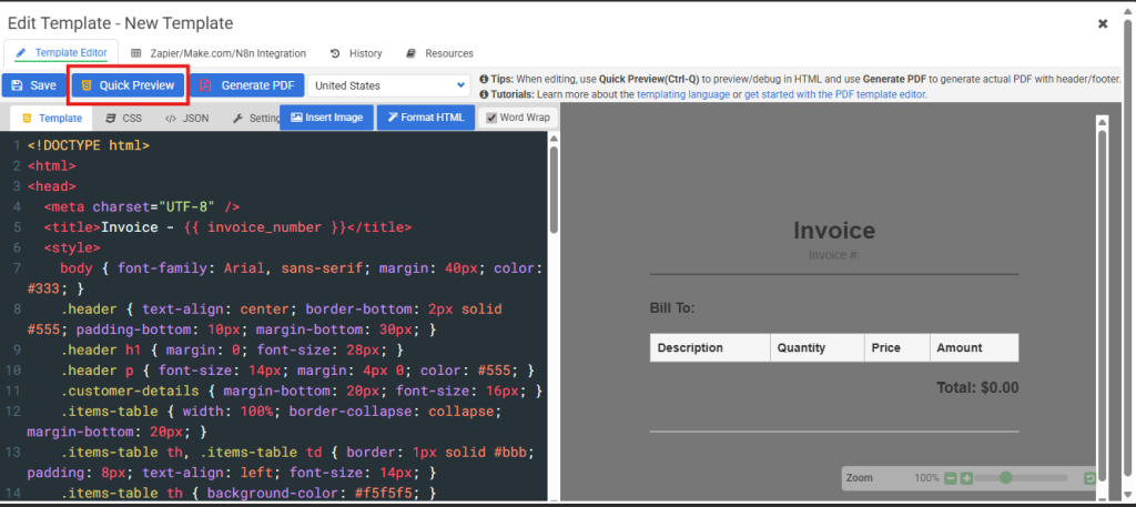 The APITemplate.io editor displays the HTML code panel on the left with Jinja2 variables and the live PDF preview on the right.