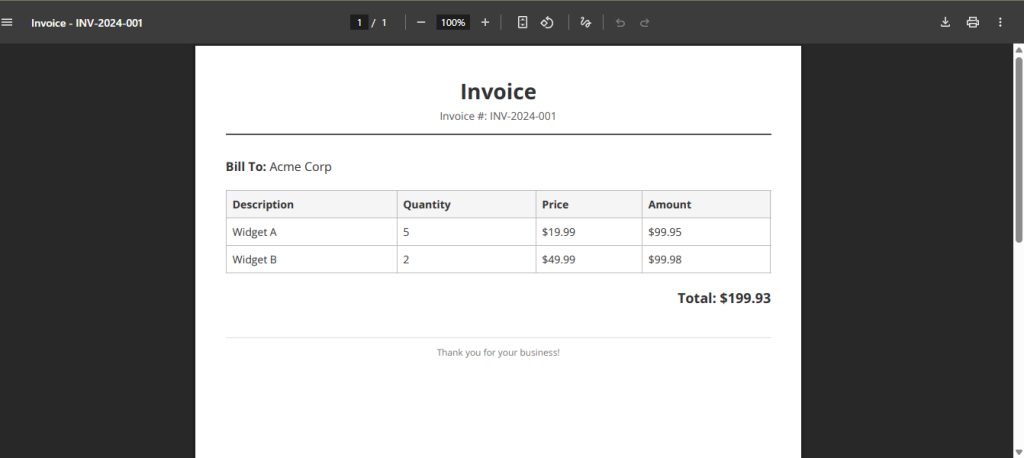 The browser displays the rendered PDF invoice with the header, customer details, items table, and calculated total amount.
