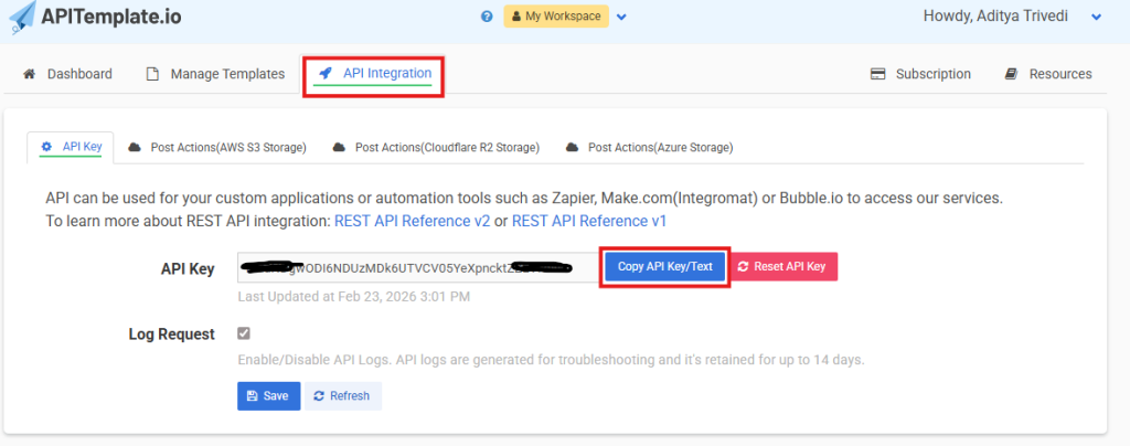 Copy your API key from the API Integration page. Keep this secure-it authenticates all your PDF requests.