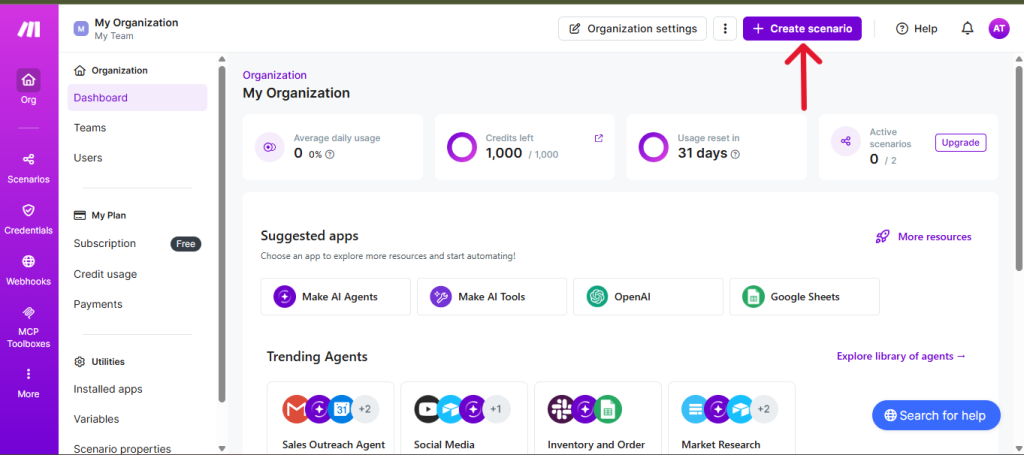 The Make.com dashboard is where you'll build your automation. Click 'Create a new scenario' to get started.