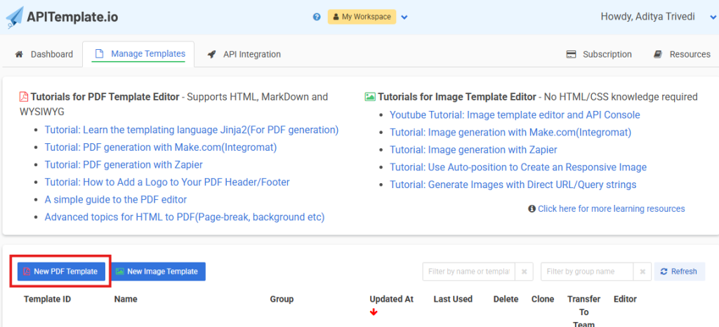 Go to the manage templates tab and click on "New PDF Template"