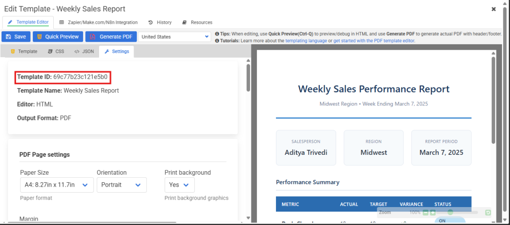 Copy your template ID from the URL or Settings tab. You'll paste this into Make.com in the next section.