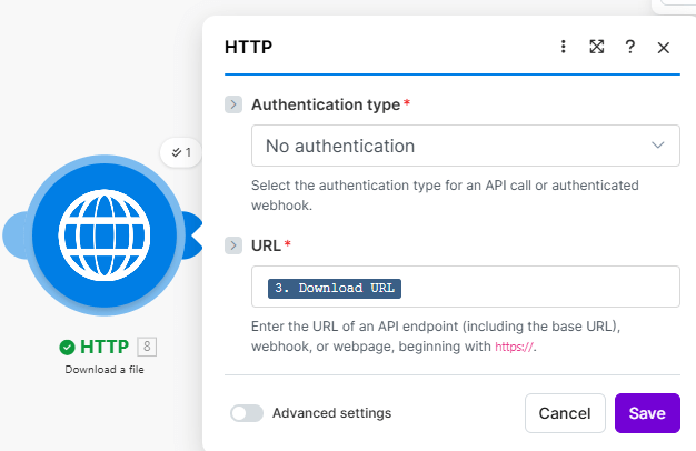 Configure the HTTP module with Auth type, URL, etc.