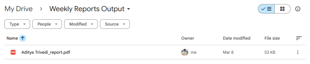 Your automated PDF now appears in Google Drive. Open it to verify the data populated correctly.