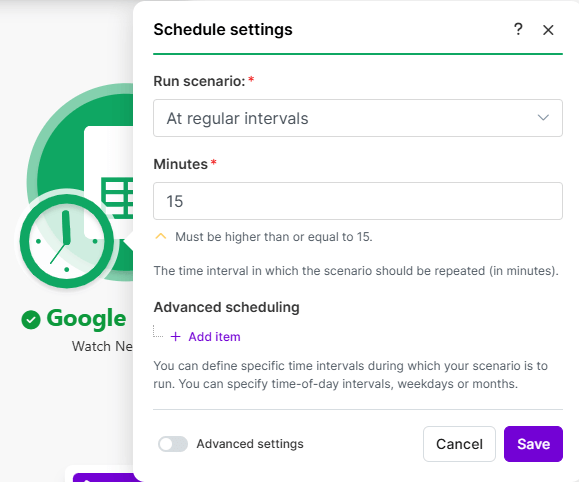 Choose how often Make.com checks for new rows in your spreadsheet.