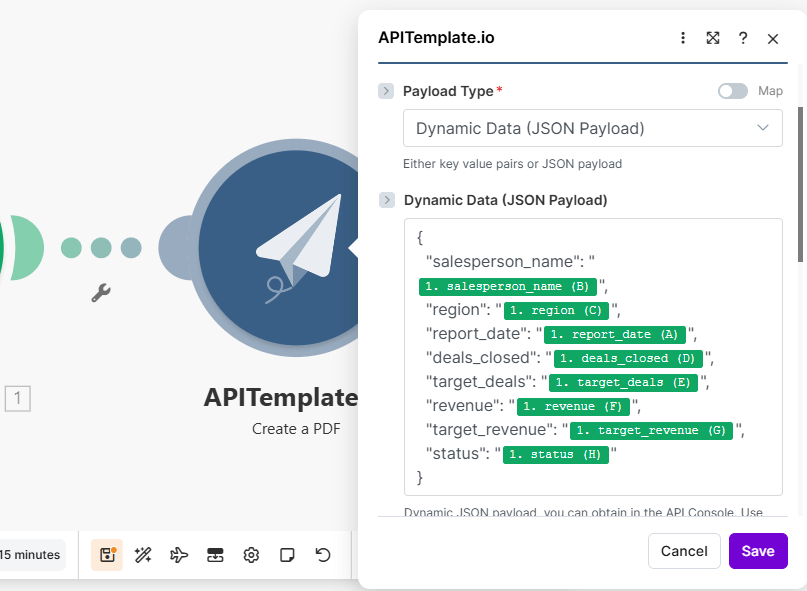 Map each template variable to the corresponding Google Sheets column. The numbers (like 1.revenue) refer to the module number.