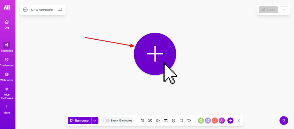 The scenario canvas is where you'll build your automation. Click on the circle+ to create a module.