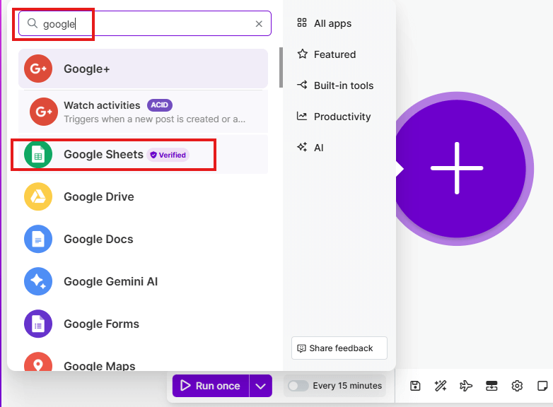 Search for 'Google Sheets' and select it to add the trigger module.