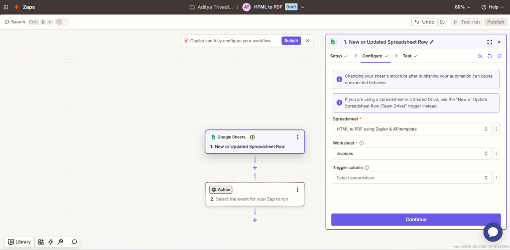 Zapier editor displaying a Google Sheets trigger for a new or updated spreadsheet row, used in an automation workflow to generate PDF documents from HTML with APITemplate.
